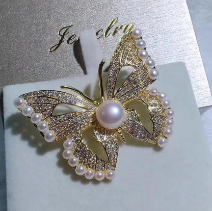 Broche Papillon Perles Blanches Strass Luxueuse – Pin's Cristaux Corsage Costume Femme