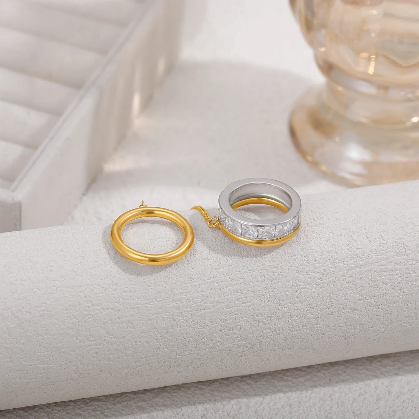 Bague Double Chaîne Plaquée Or 18K — Zircon, Acier Inoxydable, Tailles US6-8
