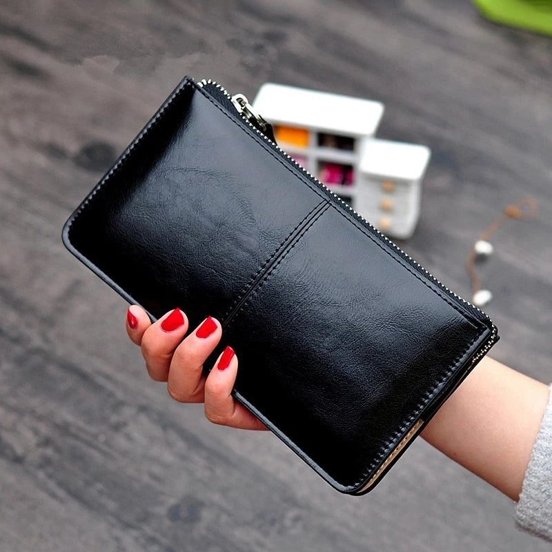 Portefeuille Clutch Femme Vintage Cuir Ciré PU - Grande Capacité avec Bracelet