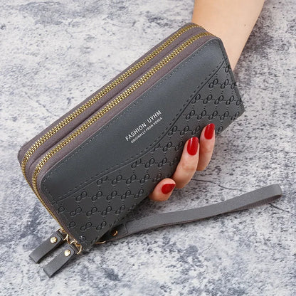 Portefeuille Femme Cuir PU Pompon - Porte-Monnaie Double Fermeture Éclair