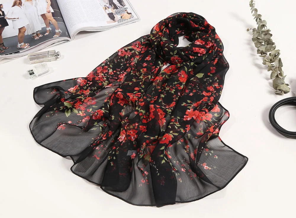 Foulard Écharpe Mousseline Fleur Prunier Femme - Bandana Châle Été Protection Solaire Plage