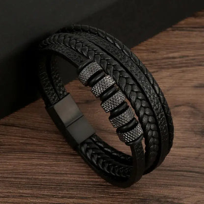 Bracelet Cuir Tressé Multicouche Punk – Boucle Magnétique Croix Homme