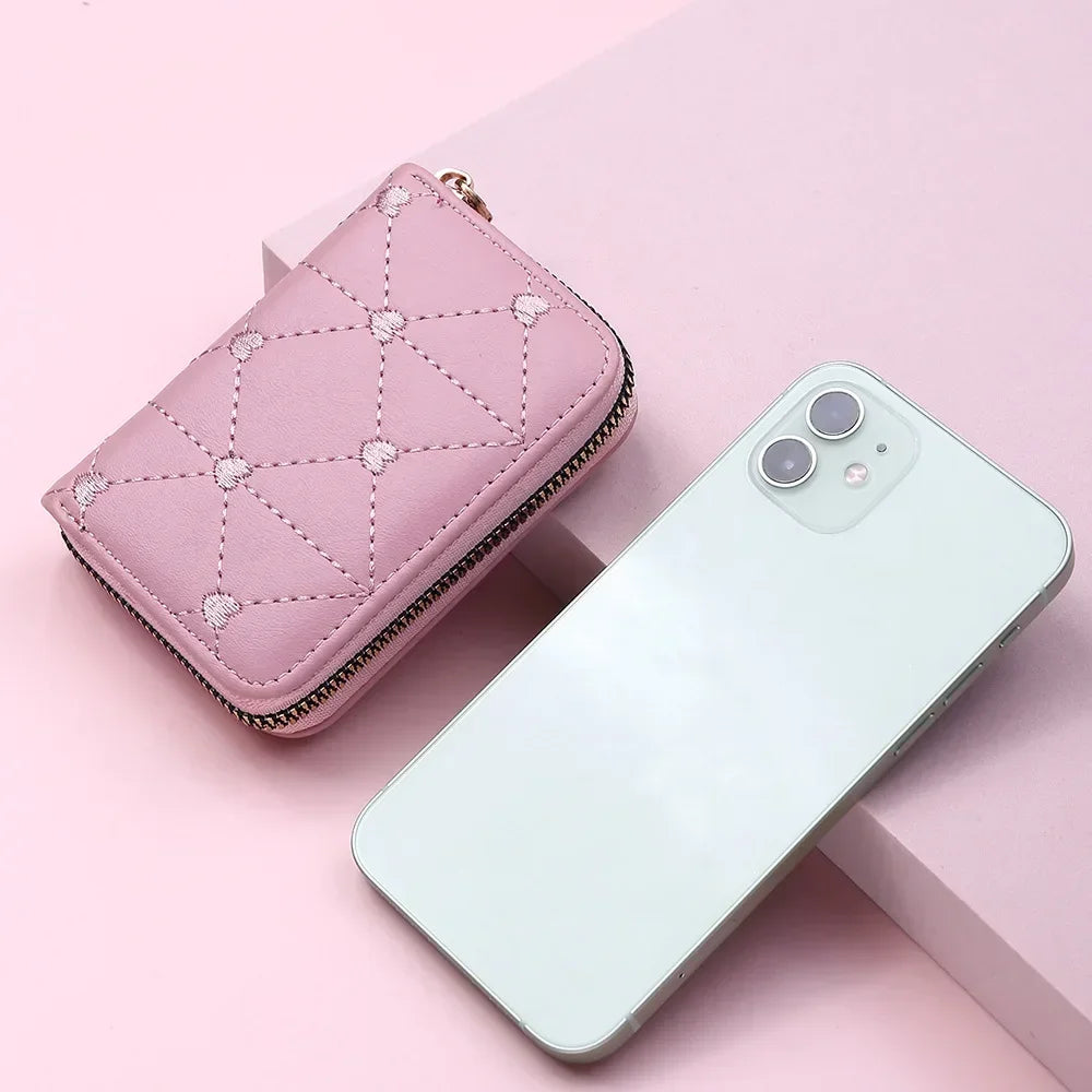 Portefeuille Femme Mignon Cœur Brodé Cuir PU - Trifold Multi-Cartes avec Porte-Monnaie