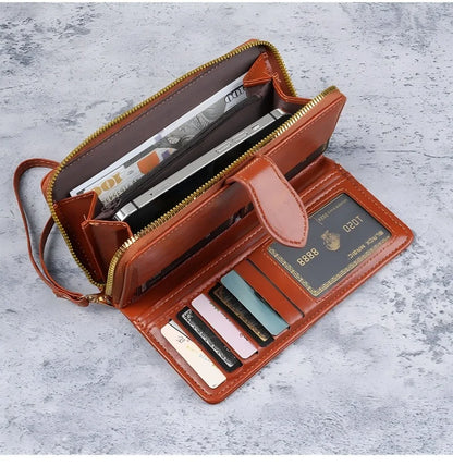 Portefeuille Pochette Femme Cuir PU Vintage Grande Capacité - Porte-Monnaie Téléphone avec Dragonne