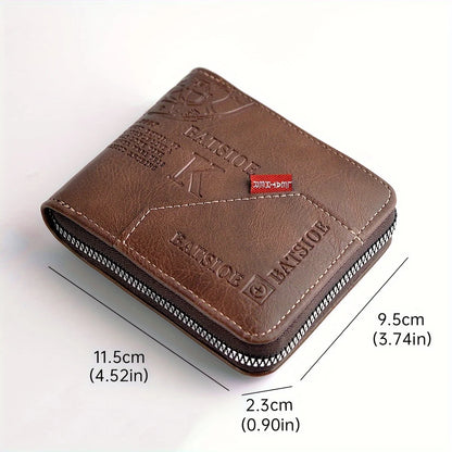 Portefeuille Homme Cuir PU Cire Huile - Court Porte-Monnaie Fermeture Éclair Porte-Cartes