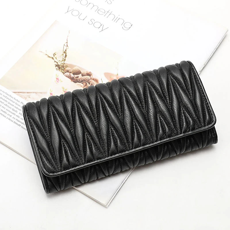 Portefeuille Femme Long Plissé Cuir Véritable - Pochette Zip Fermoir Multifonction