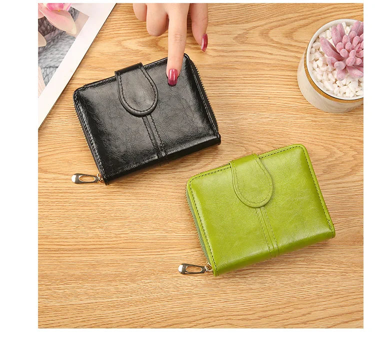 Portefeuille Femme Cuir Bifold Court Rose - Wallet Porte-Cartes Zipper Coin Pouch