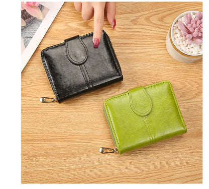 Portefeuille Femme Cuir Bifold Court Rose - Wallet Porte-Cartes Zipper Coin Pouch