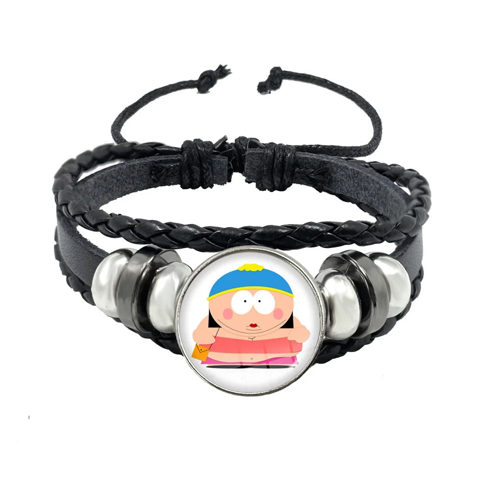 Bracelet South Park Cabochon Verre – Cuir Multicouche Tressé Fait Main Unisexe