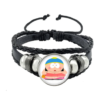 Bracelet South Park Cabochon Verre – Cuir Multicouche Tressé Fait Main Unisexe