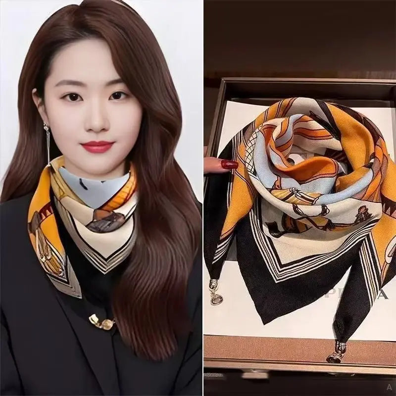 Luxury Square Scarf with Magnetic Buckle for Women - Silk Triangle Cross Scarf