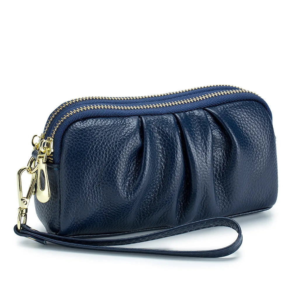 Portefeuille Femme Cuir Véritable Grande Capacité - Porte-Monnaie Long Zippé Multifonction avec Dragonne