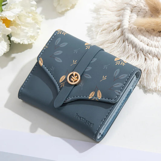 Portefeuille Femme Trifold Imprimé Floral - Pochette avec Fermoir et Porte-Cartes