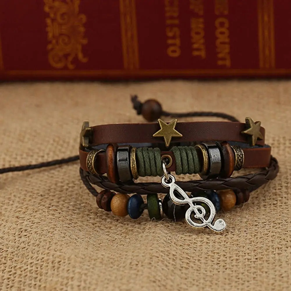 Bracelet Cuir Fait Main Bohème Gypsy - Étoile Métal Perles Bois Ajustable