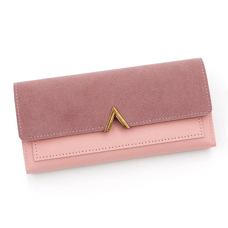 Portefeuille Femme Long Cuir PU Trifold Rose - Porte-Carte Multi-Emplacements Clutch Bag Fashion Simple