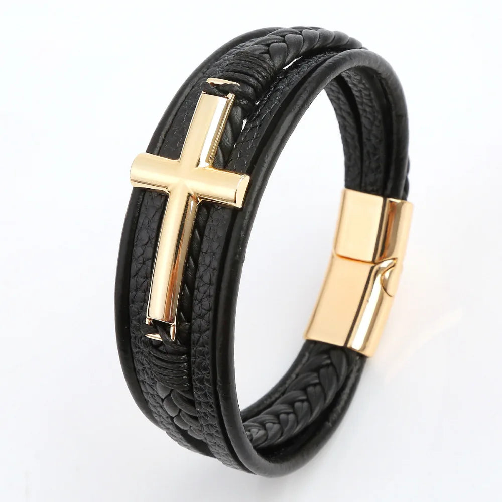 Bracelet Cuir Tressé Multicouche Punk – Boucle Magnétique Croix Homme