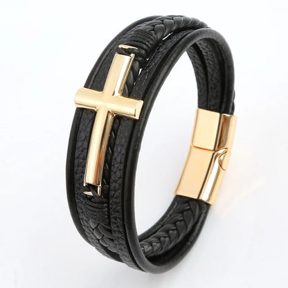Bracelet Cuir Tressé Multicouche Punk – Boucle Magnétique Croix Homme