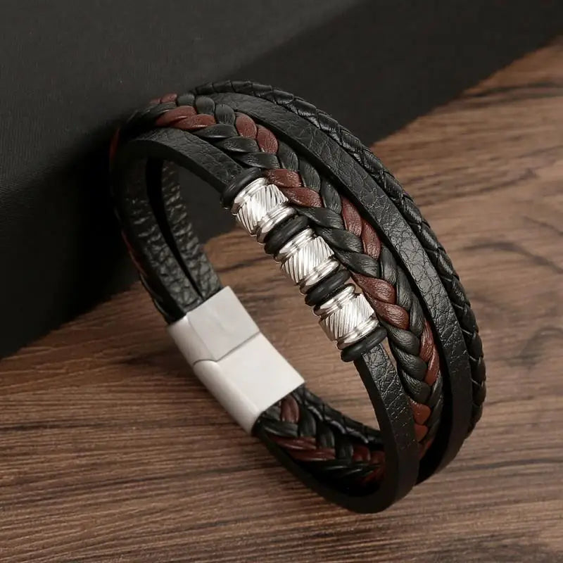 Bracelet Cuir Tressé Multicouche Punk – Boucle Magnétique Croix Homme