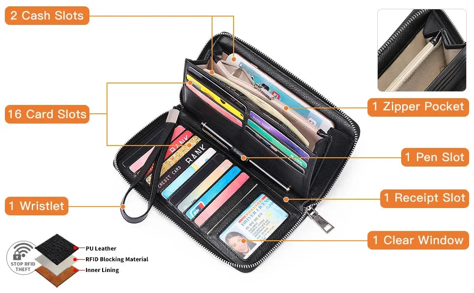 Portefeuille Femme Vintage RFID - Grande Capacité Cuir PU avec Porte-Cartes