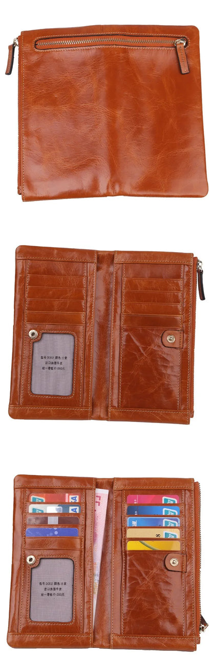 Portefeuille Femme Cuir Véritable Long - Porte-Monnaie Luxe Huile Végétale Casual