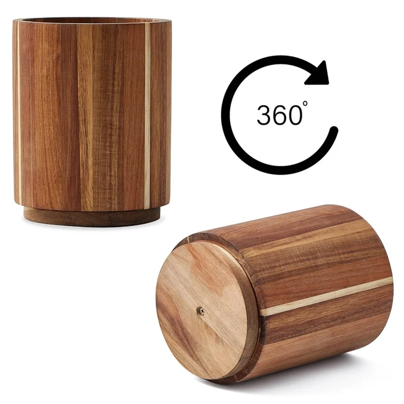 Pot à Ustensiles de Cuisine en Bois d'Acacia Rotatif 360° - Style Farmhouse
