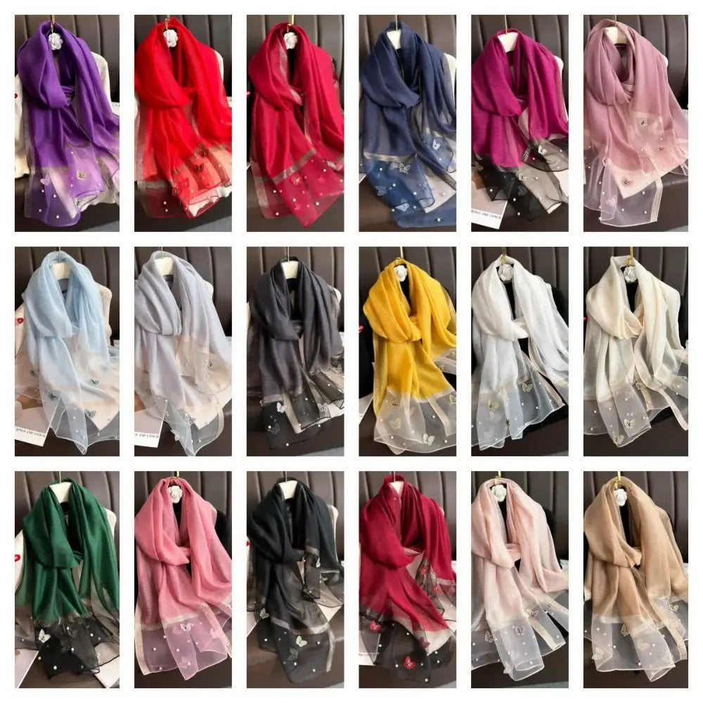 Foulard Soie Broderie Papillon Femme - Écharpe Châle Hijab Luxe Léger Élégant