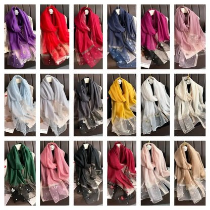 Foulard Soie Broderie Papillon Femme - Écharpe Châle Hijab Luxe Léger Élégant