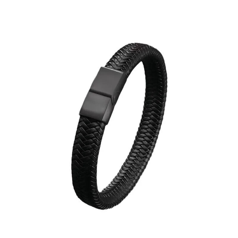 Bracelet Magnétique en Cuir Noir – Élégance Masculine