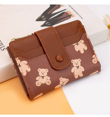 Portefeuille Femme Court Ourson Mignon - Bifold Cuir PU Porte-Cartes Zipper Bleu