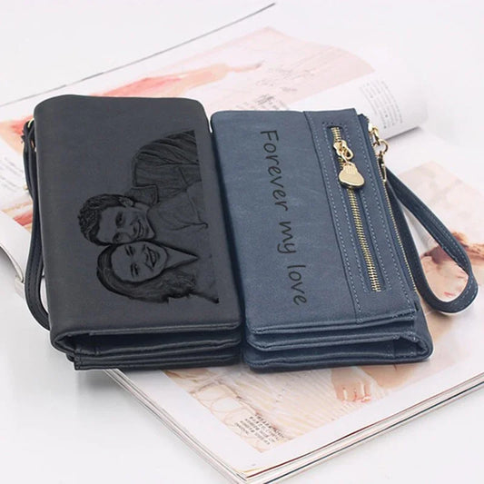 Portefeuille Femme Personnalisé Photo Gravé - Cadeau Maman Fermeture Éclair Design Unique