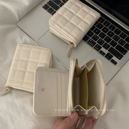Portefeuille Court Femme Cuir PU à Carreaux - Petit Porte-Cartes avec Zip et Porte-Monnaie