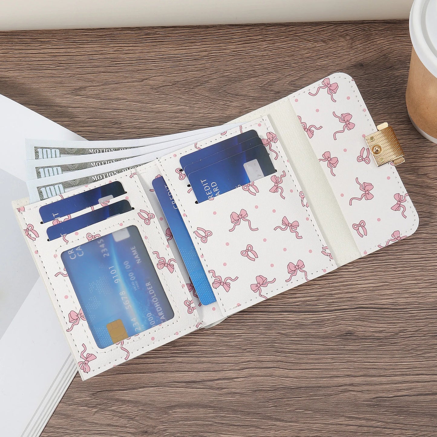 Portefeuille Femme Mini Pliable Multi-Cartes - Porte-Carte ID Fenêtre Voyage Extérieur Rose