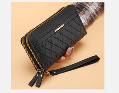 Portefeuille Femme Cuir PU Pompon - Porte-Monnaie Double Fermeture Éclair