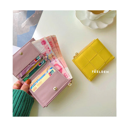 Portefeuille Femme Cuir Tressé - Porte-Monnaie Bifold Multi-Cartes Compact