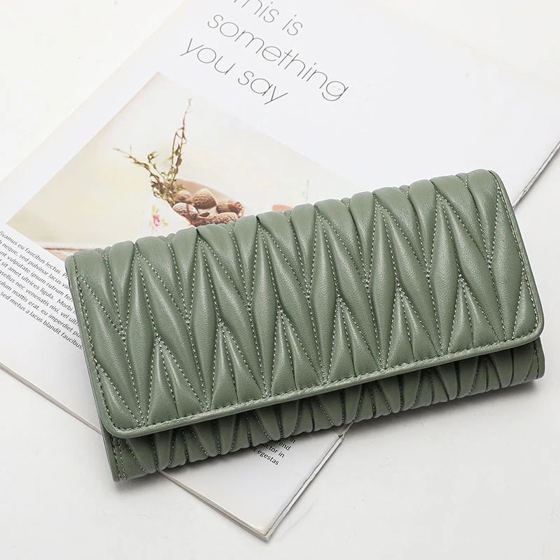Portefeuille Femme Long Plissé Cuir Véritable - Pochette Zip Fermoir Multifonction