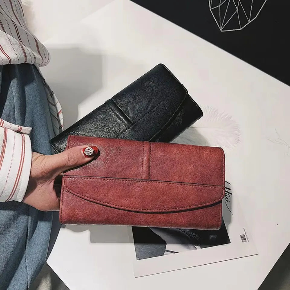 Portefeuille Femme Vintage Cuir PU Long Trifold - Pochette avec Fermoir et Compartiment Téléphone