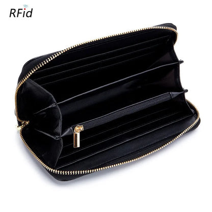 Portefeuille Femme Cuir Véritable RFID - Porte-Carte Zippé Multi-Compartiments avec Pompon