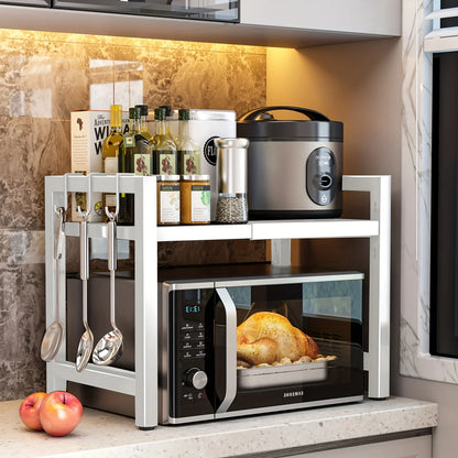 Étagère Extensible pour Micro-Ondes 40-64cm avec 6 Crochets - Rangement Cuisine 3 Niveaux