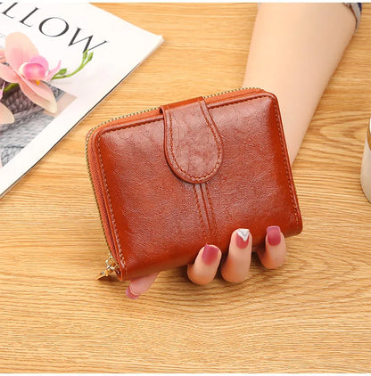 Portefeuille Femme Cuir Bifold Court Rose - Wallet Porte-Cartes Zipper Coin Pouch