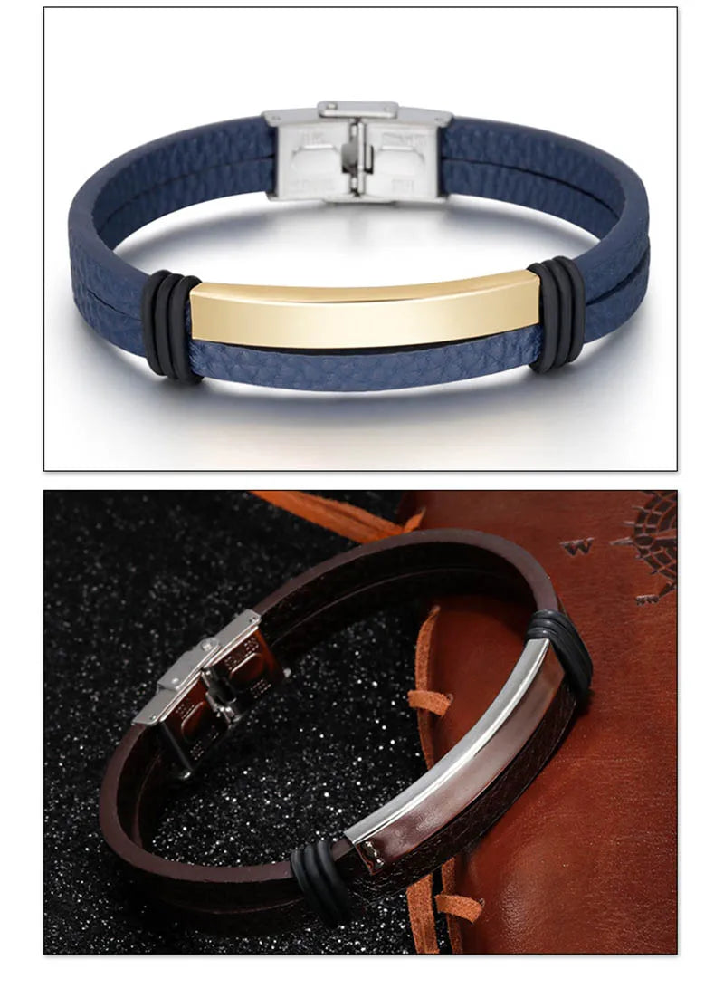 Bracelet Enroulé en Cuir pour Homme avec Charm en Acier Inoxydable