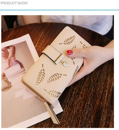 Portefeuille Long Femme Cuir PU Feuilles Dorées - Clutch Porte-Cartes Monnaie Élégant