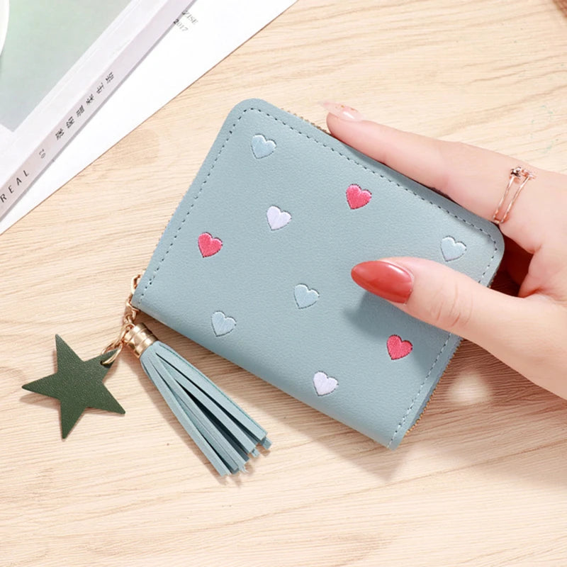 Portefeuille Femme Mini Court Pompon Zippé - Porte-Monnaie Cuir PU Cute Porte-Carte Main Vert