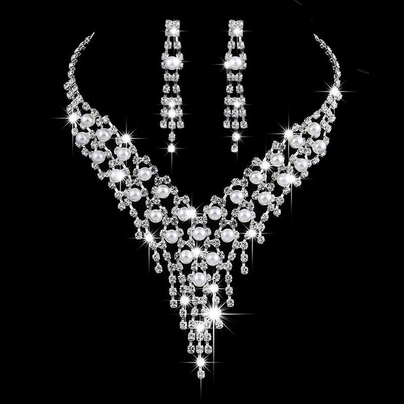 Parure Mariée Perles et Pompons Longs - Collier et Boucles Cristaux Zircon