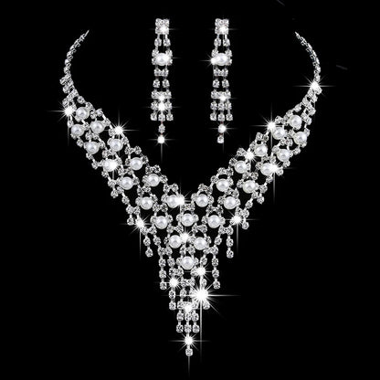 Parure Mariée Perles et Pompons Longs - Collier et Boucles Cristaux Zircon
