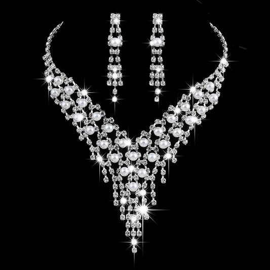 Bridal Jewelry Set with Pearls and Long Tassels - Necklace and Earrings with Zircon Crystals