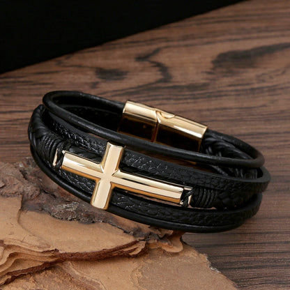 Bracelet Cuir Tressé Multicouche Punk – Boucle Magnétique Croix Homme