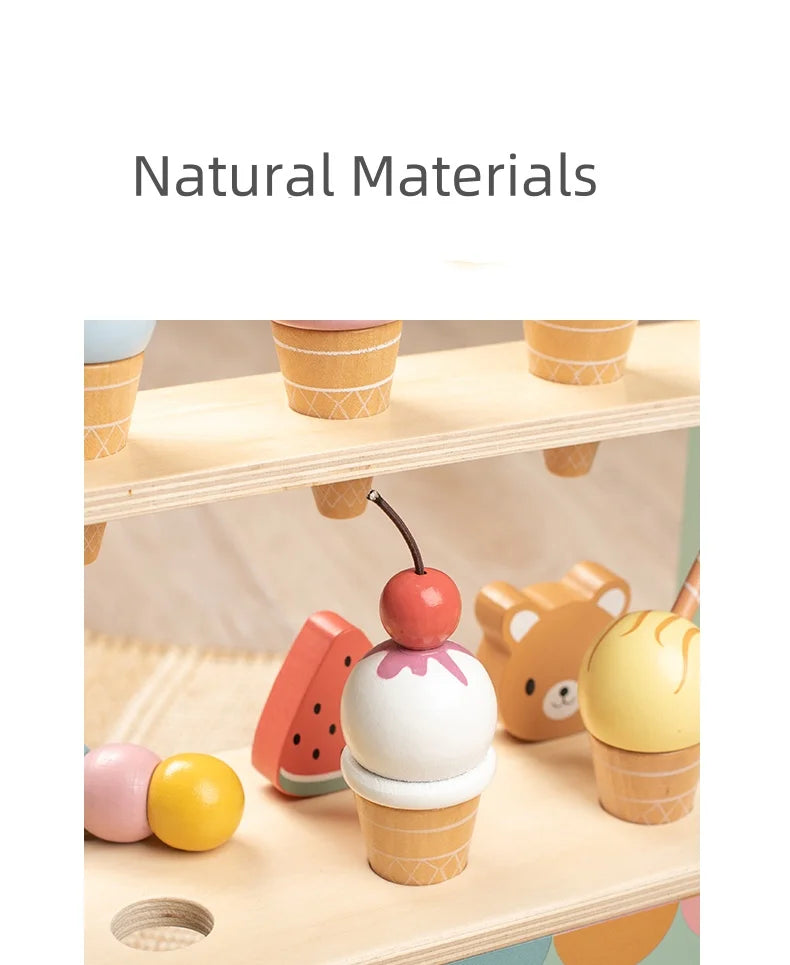 Comptoir de Crème Glacée en Bois - Jouet Montessori 40+ Pièces avec Monnaie pour Enfants 3-6 Ans