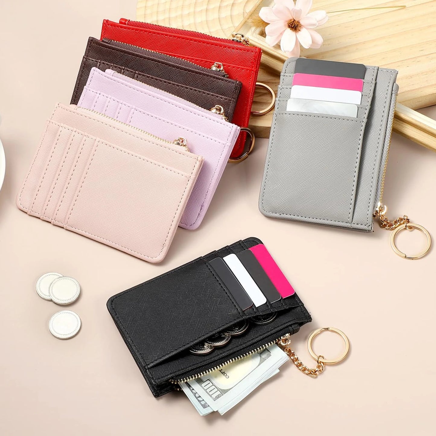 Portefeuille Femme Cuir PU Zippé Mini Porte-Clés - Porte-Monnaie Compact Multi-Emplacements Cartes Violet