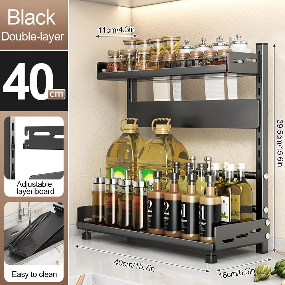 Porte-Épices 3 Niveaux en Métal avec Porte-Couteaux - Organisateur de Comptoir Ajustable Noir