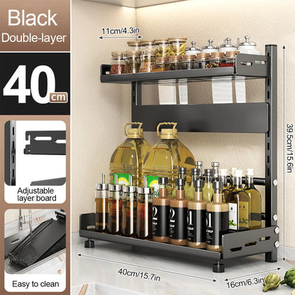 Porte-Épices 3 Niveaux en Métal avec Porte-Couteaux - Organisateur de Comptoir Ajustable Noir